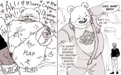 2024 anthro balls bear belly bepo closed_eyes clothing dialogue duo english_text genitals hat headgear headwear human human_on_anthro interspecies male male/male male_only mammal minkmen_(one_piece) moobs nekokat42 nipples one_piece penis penis_size_difference polar_bear sex shirt small_penis text topwear trafalgar_law ursine