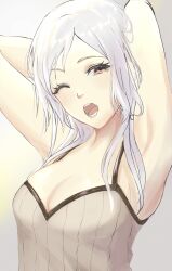 1girls ;o armpits arms_behind_head arms_up breasts brown_eyes camisole cleavage female female_only fire_emblem fire_emblem_awakening grey_background grey_hair head_tilt highres inusukino1 long_hair medium_breasts nintendo one_eye_closed open_mouth robin_(fire_emblem) robin_(fire_emblem)_(female) solo spaghetti_strap upper_body waking_up white_hair yawn