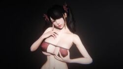 3d asian asian_female bikini black_hair busty cleavage cute cute_face female female_only huge_breasts ling_xiaoyu looking_at_viewer revealing_swimsuit tekken touching_breast twintails underboob unknown_artist