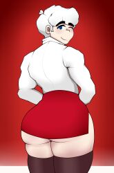 1boy big_ass big_butt blue_eyes clothed cookie_run cookie_run_kingdom cookie_run_ovenbreak gay light-skinned_male long_socks looking_back milk_cookie miniskirt red_background simple_background smiling_at_viewer white_hair wink