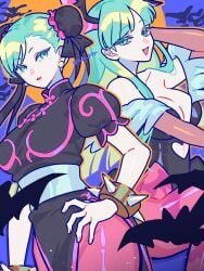 2girls bat_wings bats big_breasts breasts capcom chun-li chun-li_(cosplay) darkstalkers double_bun female female_only first_porn_of_artist green_eyes green_hair head_wings looking_at_viewer morrigan_aensland multiple_girls rug_ptr seductive seductive_pose spiked_wristband street_fighter thick_thighs thighs