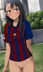 1girls ai_generated black_hair bottomless brown_eyes brush edit fc_barcelona female female_only hayase_nagatoro human long_hair looking_at_viewer nekom14 no_panties please_don't_bully_me,_nagatoro pussy soccer_jersey solo tbaanime thigh_gap third-party_edit uncensored