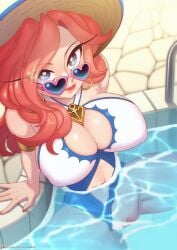 1girls big_breasts blue-tinted_eyewear blue_eyes blue_swimsuit boob_window breast_cutout breasts cleavage earrings eyewear glasses gold_earrings hat heart-shaped_eyewear heart_glasses heart_sunglasses league_of_legends lipstick looking_at_viewer looking_over_eyewear looking_over_glasses looking_over_sunglasses miss_fortune one-piece_swimsuit patreon patreon_username pink_sunglasses pool pool_party_miss_fortune pool_party_series pussy pussy_lips red_hair strongbana sun_hat sunglasses swimsuit tinted_eyewear water watermark wearing_glasses wet