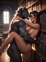 1boy1girl against_bookshelf ai_generated bestiality cum cum_in_pussy dark_hair held_up library monster_sex muscular_arms muscular_male penis_in_pussy standing_sex werewolf