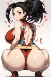 1girls ai_generated big_breasts blue_eyes boku_no_hero_academia cameltoe daidouji_(artist) daidoujipv leotard long_hair looking_at_viewer looking_back momo_yaoyorozu my_hero_academia ponytail round_ass squatting