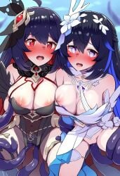 2girls ai_generated blue_eyes boris_(noborhys)_(style) honkai_impact_3rd long_hair penetration red_eyes reza3344 ripped_clothing seele_(alter_ego) seele_vollerei tentacle