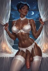 1futa ai_generated balls big_penis black_hair blue_eyes breasts dark_skin dickgirl futa_only futadiffusion futanari muscular_futanari night nsfw penis perfect_body ready_to_fuck white_lingerie