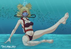 1girls 5_toes barefoot bikini blonde_hair blue_eyes dastigy feet female female_only female_solo naruto naruto_(series) scuba scuba_gear scuba_mask scuba_tank soles solo solo_female solo_only temari toes underwater