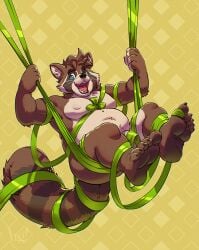 2024 5_fingers 5_toes anthro balls belly black_nose blue_eyes bow_ribbon brown_body brown_fur claws feet fingers flaccid fur genitals green_ribbons guffaw hair male mammal markings moobs nipples open_mouth overweight overweight_anthro overweight_male pattern_background penis procyonid raccoon ribbons simple_background smile solo striped_markings striped_tail stripes tail tail_markings teeth toes tongue