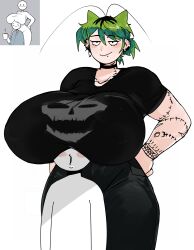 1boy 1girls alien_girl ass_bigger_than_head big_ass big_breasts breasts_on_head ear_piercing green_hair jeans roach rochi rochi(rrrroch1) rrrroch1 size_difference taller_girl tattoo tomboy