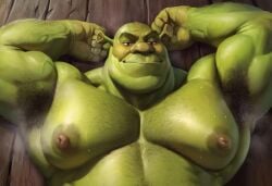 1boy ai_generated arms_up dreamworks hairy hairy_armpits hairy_chest large_pectorals laying_on_back male_only muscular_male musk_clouds musky_armpit shrek shrek_(series) solo