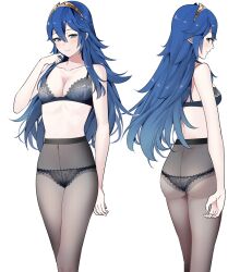 1girls ameno_(a_meno0) ass big_ass black_panties black_underwear blue_eyes blue_hair blush bra brand_of_the_exalt breasts cleavage collarbone female female_only fire_emblem fire_emblem_awakening hair_between_eyes long_hair lucina_(fire_emblem) multiple_views nintendo panties pantyhose simple_background small_breasts smile solo symbol_in_eye tiara underwear white_background