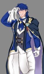 1boy alienfuckgod alternate_costume bara butler dick_print fire_emblem fire_emblem:_genealogy_of_the_holy_war fire_emblem_heroes fully_clothed huge_cock male male_only muscular_male nintendo official_alternate_costume penis_bulge sigurd_(fire_emblem) sigurd_(tea_party)_(fire_emblem) solo sweaty