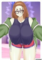 1girls big_breasts breasts brown_hair busty curvaceous curvy curvy_body curvy_female curvy_figure endrajager03 female glasses huge_breasts kaii_to_otome_to_kamikakushi large_breasts mole mole_under_eye small_eyebrows smile smiling smiling_at_viewer sumireko_ogawa thick_thighs thighs voluptuous