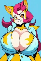 1girls ai_generated anthro big_breasts cat_ears cleavage clothed furry furry_only huge_breasts monique_pussycat orange_eyes purple_hair roger1011 solo super_fuck_friends