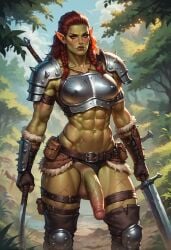 1futa ai_generated balls breasts dickgirl futa_only futadiffusion futanari goblin_futanari green_skin knight nature nsfw orc orc_futanari outdoors penis perfect_body ready_to_fuck solo warrior