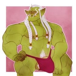 abs balls biceps blizzard_entertainment bulge clothing fangs genitals green_body green_skin hair hi_res humanoid humanoid_pointy_ears leelikessmut male male_only muscular muscular_humanoid muscular_male nipples orc orc_male pecs solo teeth underwear varok_saurfang warcraft white_hair