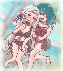 2girls aikasa alternate_costume angry annoyed bare_arms bare_legs barefoot bikini black_bikini black_eyes black_swimsuit breasts byleth_(female)_(fire_emblem)_(cosplay) byleth_(fire_emblem) byleth_(fire_emblem)_(female) cleavage cosplay costume_switch edelgard_von_hresvelg edelgard_von_hresvelg_(cosplay) edelgard_von_hresvelg_(summer) embarrassed female female_only fire_emblem fire_emblem:_three_houses fire_emblem_heroes flower hair_flower half-closed_eyes hand_on_another's_face hand_on_own_chest happy large_breasts leg_up legs long_hair medium_hair multiple_girls nintendo ocean one-piece_swimsuit open_mouth outdoors palm_tree purple_eyes red_one-piece_swimsuit red_swimsuit smile swimsuit teal_hair tree very_long_hair