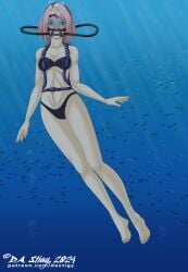 1girls 5_toes barefoot bikini bikini_bottom bikini_top_down black_bikini black_bikini_bottom boruto:_naruto_next_generations dastigy feet female female_only female_solo green_eyes jewel_on_forehead milf naruto naruto_(series) pink_hair sakura_haruno scuba scuba_gear scuba_mask scuba_tank soles solo solo_female solo_only toes underwater