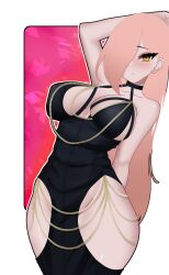 1girls alternate_costume arm_behind_back arm_over_head big_breasts black_dress blush breasts dress elegant_dress embarrassed female female_focus goth goth_girl hair_over_one_eye highres huge_breasts indie_virtual_youtuber latam_virtual_youtuber light-skinned_female light_skin long_dress long_hair looking_at_viewer n4hkz neneefthy no_bra no_panties pink_hair shy simple_shading solo solo_female standing thighs virtual_youtuber vtuber vtuberfanart yellow_eyes