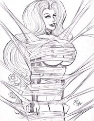 1girls areola black_and_white bondage breasts bridal_gauntlets busty chaos_comics choker cleavage female female_only lady_death michael_powell nipples pussy sketch skull solo tagme voluptuous