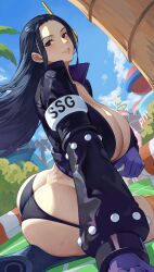 1girls agoppdki ass ass_cleavage black_eyes black_hair black_jacket black_panties butt_crack cleavage female female_only gloves inner_boob jacket large_ass long_hair nico_robin nico_robin_(vegapunk) one_piece pale-skinned_female pale_skin panties plump_lips posterior_cleavage purple_gloves sweat sweaty sweaty_body