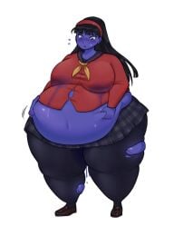 1girls amagi_yukiko ass_expansion atlus belly_expansion big_ass big_belly big_breasts big_thighs black_hair black_leggings blue_eyes blue_skin blueberry_inflation breast_expansion button_down_shirt button_gap buttons expansion grabbing_belly grabbing_own_belly hand_on_belly headband inflation lactation lactation_through_clothes leaking leggings long_hair long_sleeves navel persona persona_4 red_headband red_shirt ripped_clothing ripped_leggings sile2011