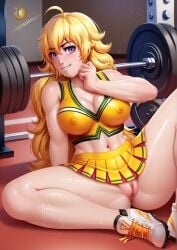 ai_generated cheerleader cheerleader_uniform jlullaby_(style) no_panties rwby sweat tagme twistedpeach wet wet_pussy yang_xiao_long