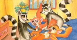 all_hail_king_julien bed bedroom clover_(madagascar) crimson_(madagascar) day daytime doggy_style doggystyle dreamworks foursome interspecies king_julien madagascar_(series) magic_steve masturbation orgy penetration penis_in_pussy puku83 pussy pussy_rubbing window