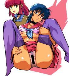 2girls ass bar_censor blue_hair breasts brown_eyes censored choker cleavage collarbone commentary_request cream_lemon female_pubic_hair kamisimo_90 knees_up long_hair mai_(pop_chaser) medium_breasts multiple_girls nipples no_bra open_clothes open_shirt panties pink_panties pink_skirt pop_chaser presenting pubic_hair purple_shirt red_hair rio_(pop_chaser) school_uniform see-through shirt short_hair sidelocks skirt spread_legs thighhighs underwear