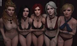 3d 5girls anna_henrietta black_hair blonde_hair blue_eyes bra cd_projekt_red ciri collar female green_eyes light-skinned_female missally multiple_girls panties purple_hair red_hair scar tattoo the_witcher_(series) the_witcher_3:_wild_hunt triss_merigold underwear ves white_hair yennefer