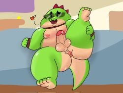 4:3 anthro anus ass bands belly big_breasts brawl_stars breasts buzz_(brawl_stars) dinosaur eyewear feet genitals heart_symbol hi_res humanoid leg_grab legs_up male male/male nipples nude penis reptile scalie smile solo sunglasses supercell_(company) tail ugly-rat15508