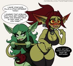 2girls big_breasts blushing dialogue female goblin goblin_female olive_(twistingtoxic) tagme tail tail_grab tail_pull text text_bubble tox_(twistingtoxic) transformed twistingtoxic