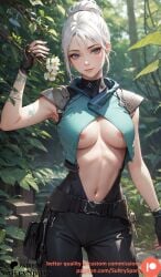 ai_generated black_pants blue_eyes breasts breasts commission flower flowers jett_(valorant) looking_at_viewer nature nipples open_shirt outdoors pants patreon patreon_username riot_games suit sultryspark tits_out valorant white_hair