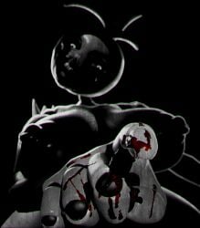 1girls 3d 3d_(artwork) black_and_white black_sclera blood blood_on_hand blood_stain breasts creepy dark five_nights_at_freddy's five_nights_at_freddy's_2 horror huge_breasts looking_at_viewer monochrome nightmare_fuel nightmare_waifu nipples pointing_at_viewer rckke solo tagme toy_chica_(fnaf)