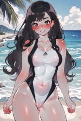 1girls ai_generated bangs bare_shoulders beach black_hair blue_sky blush breasts cloud covered_navel earrings horizon island long_hair looking_at_viewer megazard ocean one-piece_swimsuit outdoors palm_tree sand see-through shiny_skin shore sky smile solo swimsuit tagme tree water waves wet white_swimsuit