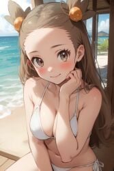 ai_generated ai_hands bad_anatomy beach blush breasts gym_leader hand_on_head jasmine_(pokemon) jasmineolivine looking_at_viewer ocean pokemon pov pov_eye_contact sitting smile squeezing_breast suggestive suggestive_look suggestive_pose white_bikini