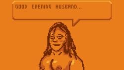 bedroom_eyes big_arms big_woman blush blush completely_nude completely_nude_female female kosine1777 large_breasts messy_hair nipples normal_fishing pixel_art speech_bubble sprite sprite_art sprite_edit wife wife_(normal_fishing)