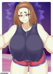 1girls big_breasts breasts brown_hair busty curvaceous curvy curvy_body curvy_female curvy_figure endrajager03 female huge_breasts kaii_to_otome_to_kamikakushi large_breasts mole mole_under_eye short_eyebrows small_eyebrows smile smiling smiling_at_viewer sumireko_ogawa thick_thighs thighs voluptuous