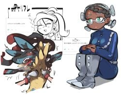 2023 2girls amarys_(pokemon) anthro barely_visible_genitalia barely_visible_penis blue_clothing blue_ears blue_penis blush bodily_fluids breath chest_spike clothing dark-skinned_female dark_skin fingerless_gloves footwear fur generation_4_pokemon genitals gloves hair handwear human human_on_anthro interspecies japanese_text lips lucario male mammal multiple_girls nintendo penis pink_lips pokemon pokemon_(species) red_tongue spikes spikes_(anatomy) sweat teeth text tirarizun tongue translation_request yellow_body yellow_fur