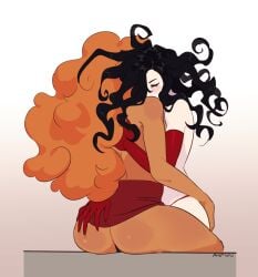 2girls ass ass_grab ayshiun black_hair caress cartoon_network closed_eyes curly_hair elbow_gloves hug miss_bellum multiple_girls orange_hair powerpuff_girls red_gloves sara_bellum sedusa thong white_skin wholesome wild_hair yuri