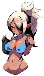 abs blue_bra breasts dark-skinned_female dark_elf elf faranne_(monster_girl_island) toned_female white_hair