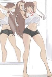 1girls ass breasts brown_hair clothed clothing cute doki_doki_literature_club female green_eyes long_hair mirror monika_(doki_doki_literature_club) rakeemspoon shirt spread_legs tight_pants toned toned_female tying_hair white_ribbon white_shirt wide_hips