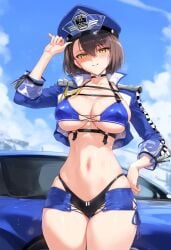 1girls ai_generated azur_lane baltimore_(azur_lane) bare_legs bare_thighs big_breasts brown_hair car clothed clothing color female female_focus female_only hat hi_res large_breasts light-skinned_female light_skin short_hair solo solo_female tagme thick_thighs yeeting yellow_eyes