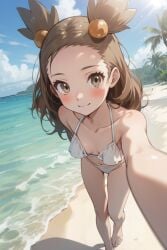 ai_generated beach blush full_body gym_leader jasmine_(pokemon) jasmineolivine light_smile looking_at_viewer ocean pokemon pov small_breasts white_bikini