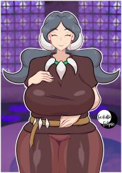 alternate_version_at_source alternate_version_available artist_logo artist_name big_breasts breasts closed_eyes clothed_sex commission drasna_(pokemon) gilf grey hair huge_breasts nintendo pokemon pokemon_xy seikatsueclipse textless textless_version