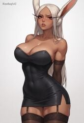 1girls ai_generated alternate_costume animal_ears animal_humanoid arms_behind_back artist_name athletic_female bare_shoulders big_breasts black_clothing black_dress boku_no_hero_academia breasts bunny_ears cleavage clothed clothing dark-skinned_female dark_skin dress elbow_gloves eyelashes female female_only garter_straps gloves hips hourglass_figure iknowkungfu42 large_breasts lips long_hair looking_at_viewer miniskirt miruko my_hero_academia parted_lips rabbit_ears red_eyes rumi_usagiyama short_skirt simple_background solo stockings strapless thighhighs thighs white_background white_hair wide_hips zettai_ryouiki