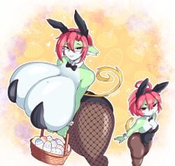 2girls bunny_ears bunny_girl bunnysuit darboo darbooart easter egg_basket fishnets freckles gigantic_breasts huge_breasts hyper_breasts legwear looking_at_viewer monster_girl mother_and_daughter overflowing_breasts pantyhose red_hair small_breasts smiling yume_(darboo) yunna_(darboo)