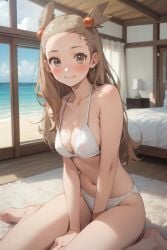 ai_generated beach bedroom blush breasts gym_leader hands_on_legs jasmine_(pokemon) jasmineolivine looking_at_viewer ocean pokemon sitting smile suggestive suggestive_look suggestive_pose white_bikini