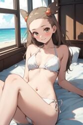 ai_generated beach bed bedroom blush gym_leader jasmine_(pokemon) jasmineolivine legs_together legs_up looking_at_viewer lying lying_on_back lying_on_bed ocean pokemon pov pov_eye_contact small_breasts smile suggestive suggestive_look suggestive_pose white_bikini